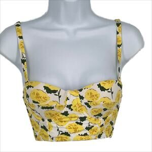 Contoured Bikini Swimsuit Top with Rose Print in White and Yellow Size XS